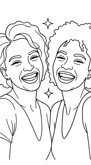 Line portrait of two laughing best friends