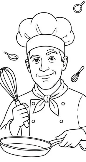 Caricature of a chef with a whisk and frying pan