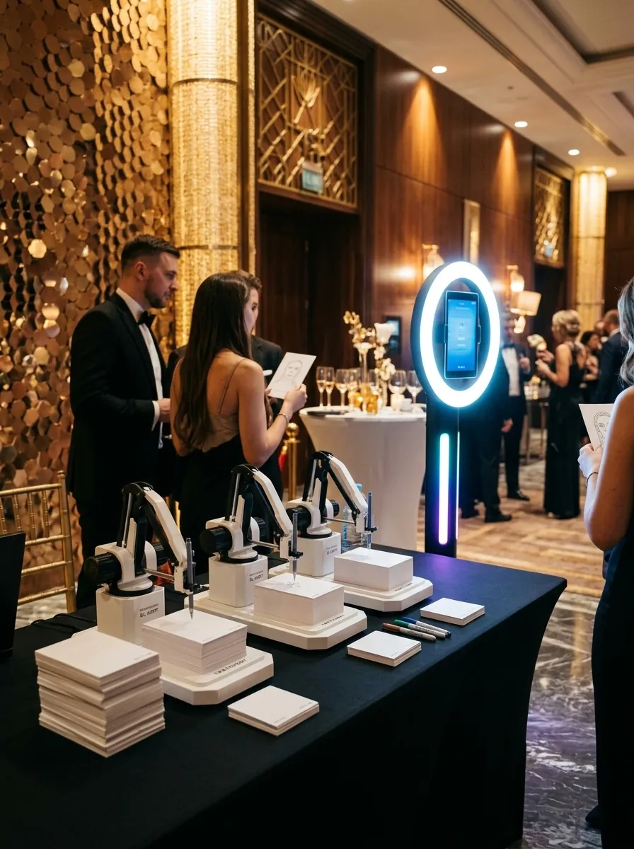 Three portrait robots drawing side by side at a gala, next to a ring-light photo station