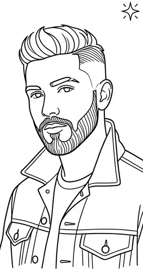 Line portrait of a bearded man in a denim jacket