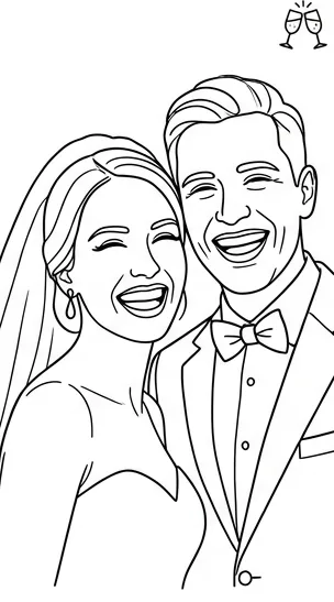 Line portrait of a laughing bride and groom