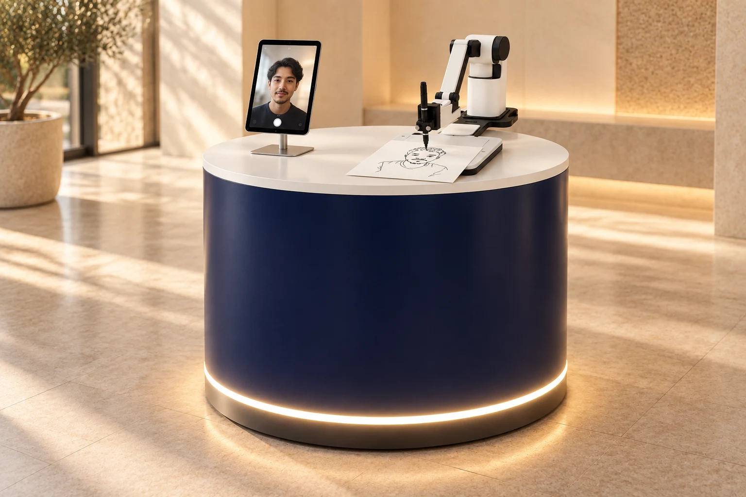 Illustrative Sketchselfi station: an iPad on a stand and a white portrait robot on a clean navy counter, with the computer concealed