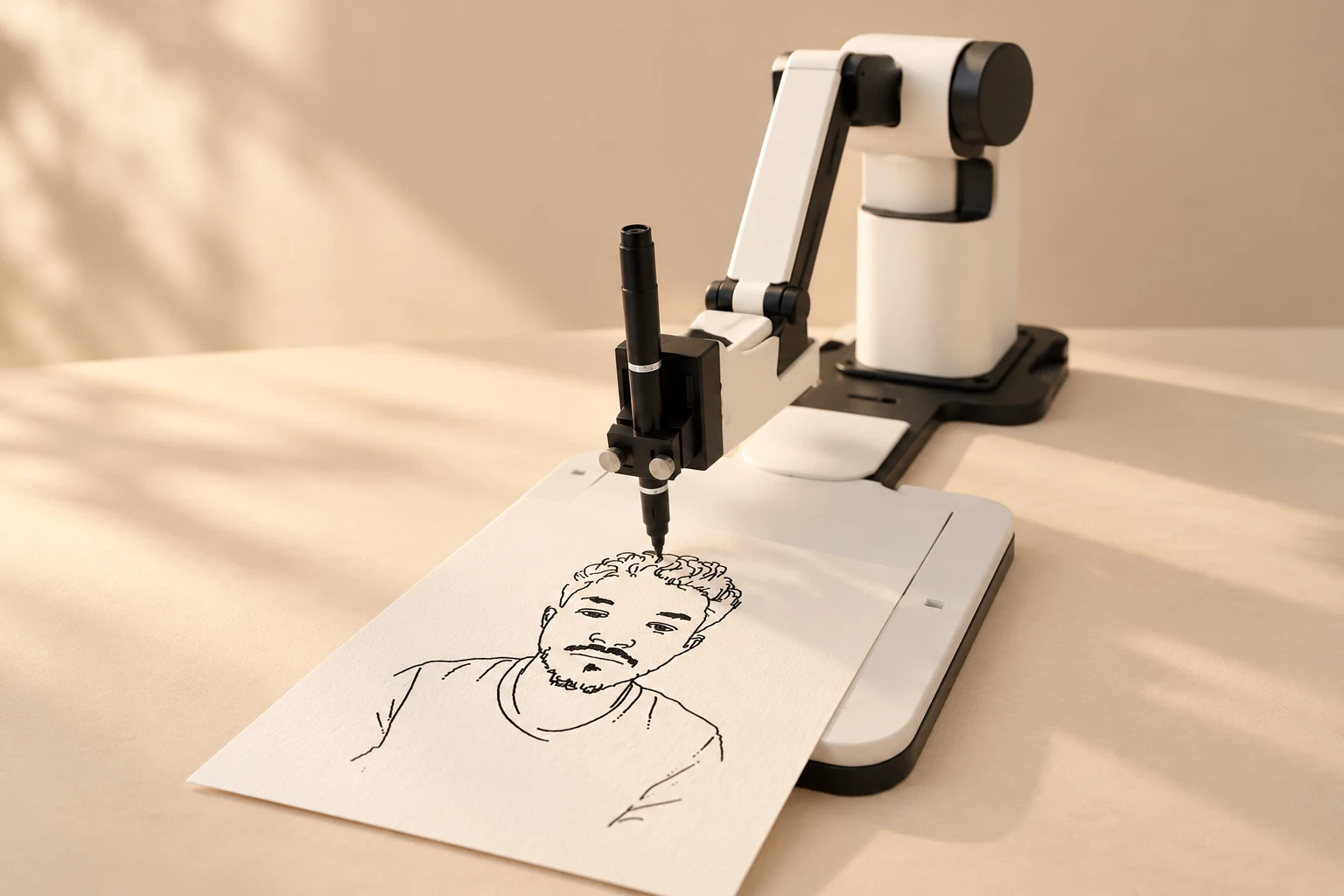 Studio concept of a portrait drawing robot with a pen and paper